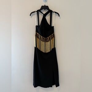 Versace Collection Greca Border Black Fringe Dress NWT Size 40